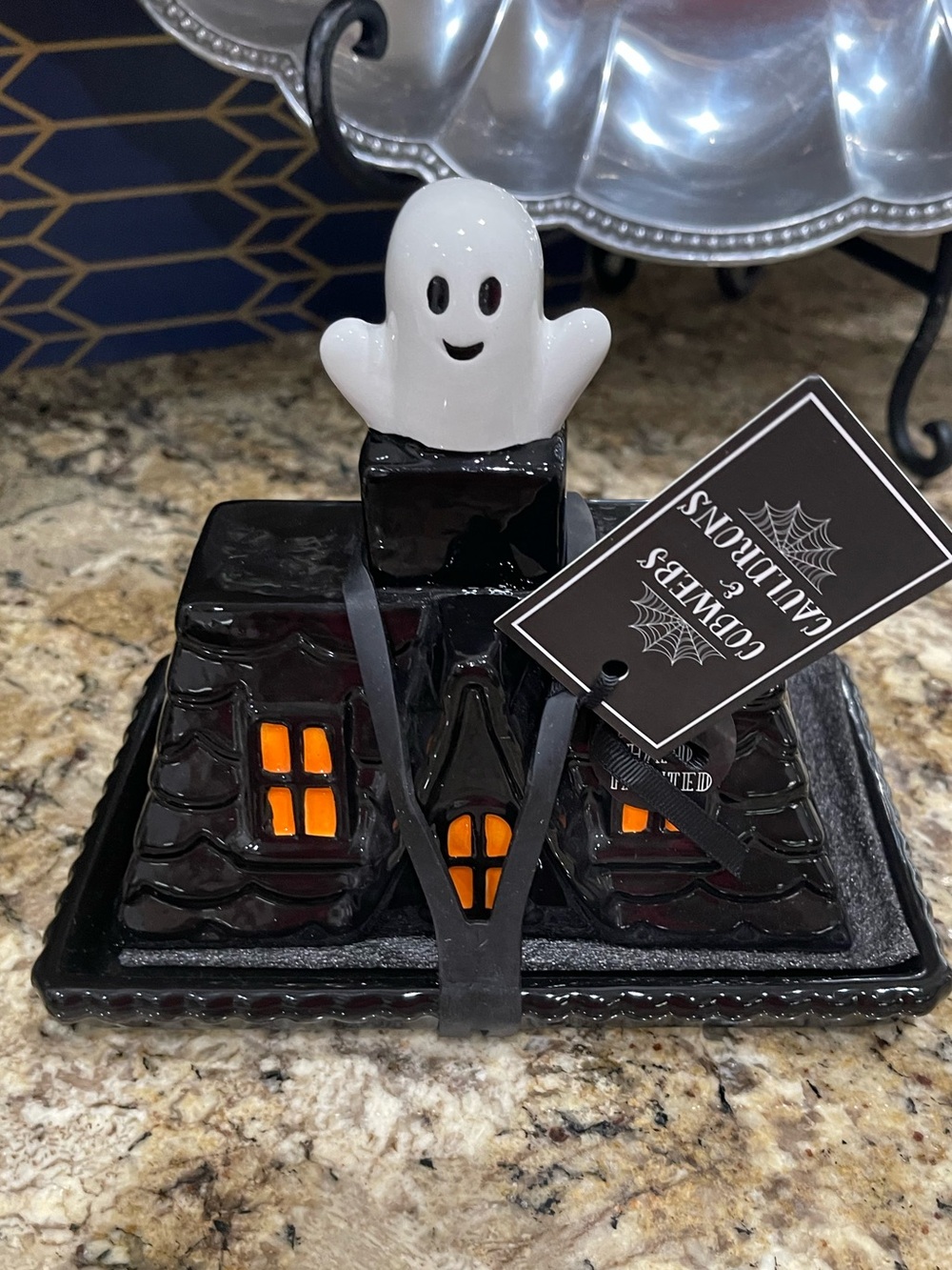 Cobwebs and Cauldrons figural ghost spooky mansion covered butter dish - NEW